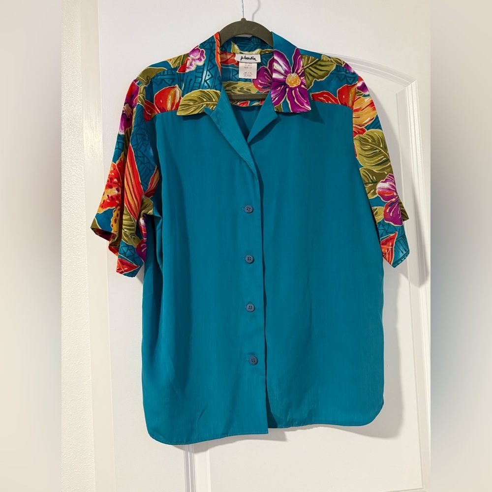 Vintage Jo Hardin Teal Floral Button Down Shirt. 1990s